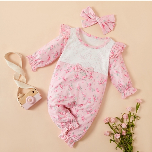 2-piece Baby Floral Ruffled Jumpsuit with Headband - Picture 1 of 3